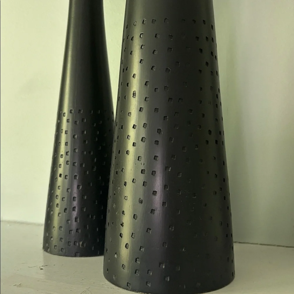 2 Crate & Barrel Wood Candle stick Holders Pillar Tall 12” 17” with candles